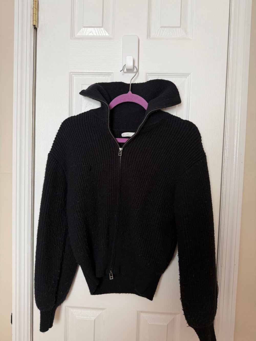 OAK + FORT Black Ribbed Knit Zip Jacket with Pink Lining